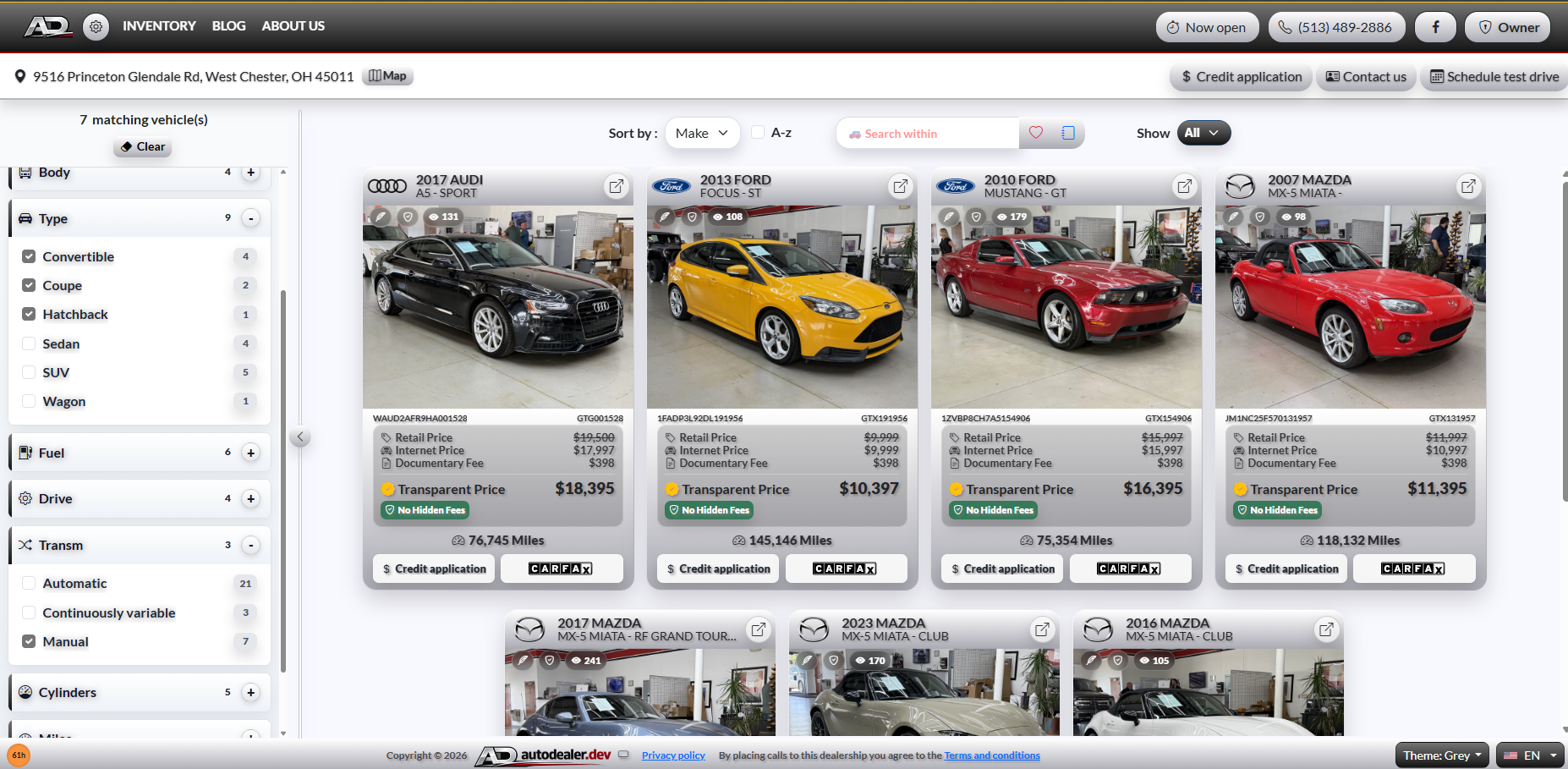 Dealer website inventory search and vehicle cards