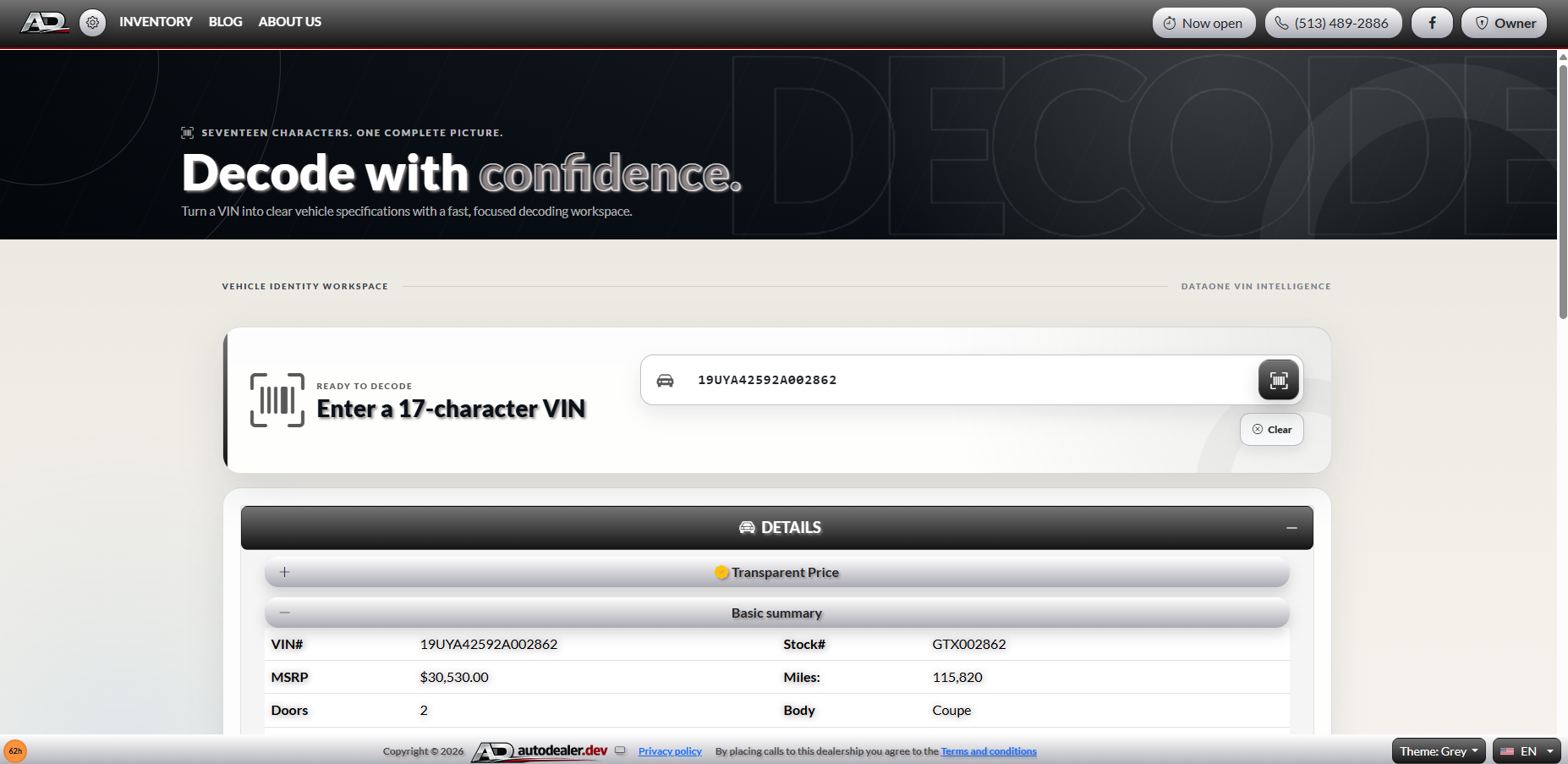 VIN decoder with vehicle pricing and specification report