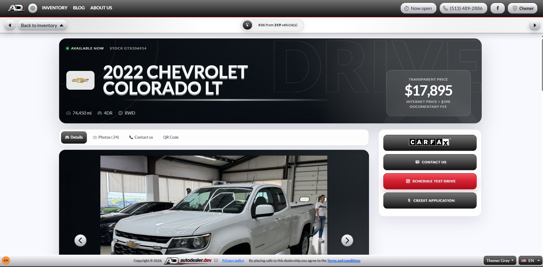 Vehicle detail page with transparent price, gallery, and lead actions