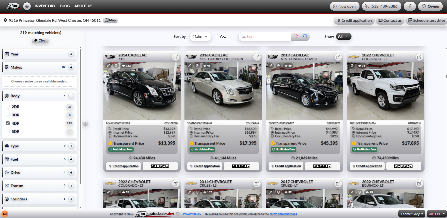 Responsive dealership inventory search with vehicle filters and pricing
