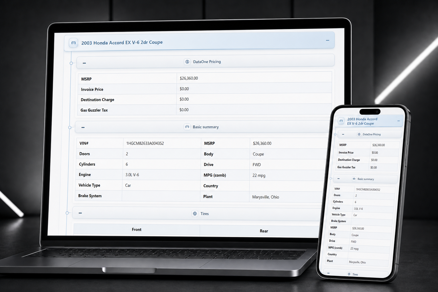 Responsive VIN Decode API report presented on desktop and mobile devices