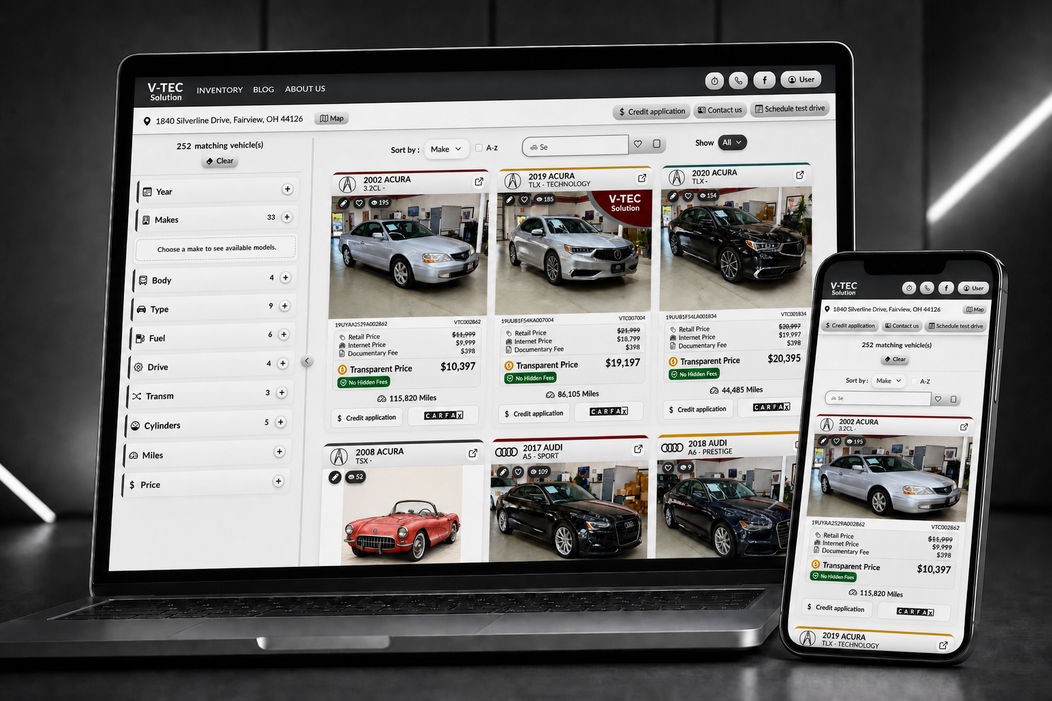 V-TEC Solution dealer inventory website presented on desktop and mobile devices